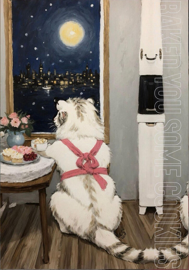 A warm and intimate kitchen moment with a fluffy white cat seated by the moonlit window, a cup on the table, and a plate of sweet treats waiting nearby. This piece feels like love made visible — thoughtful, domestic, and quietly devoted.