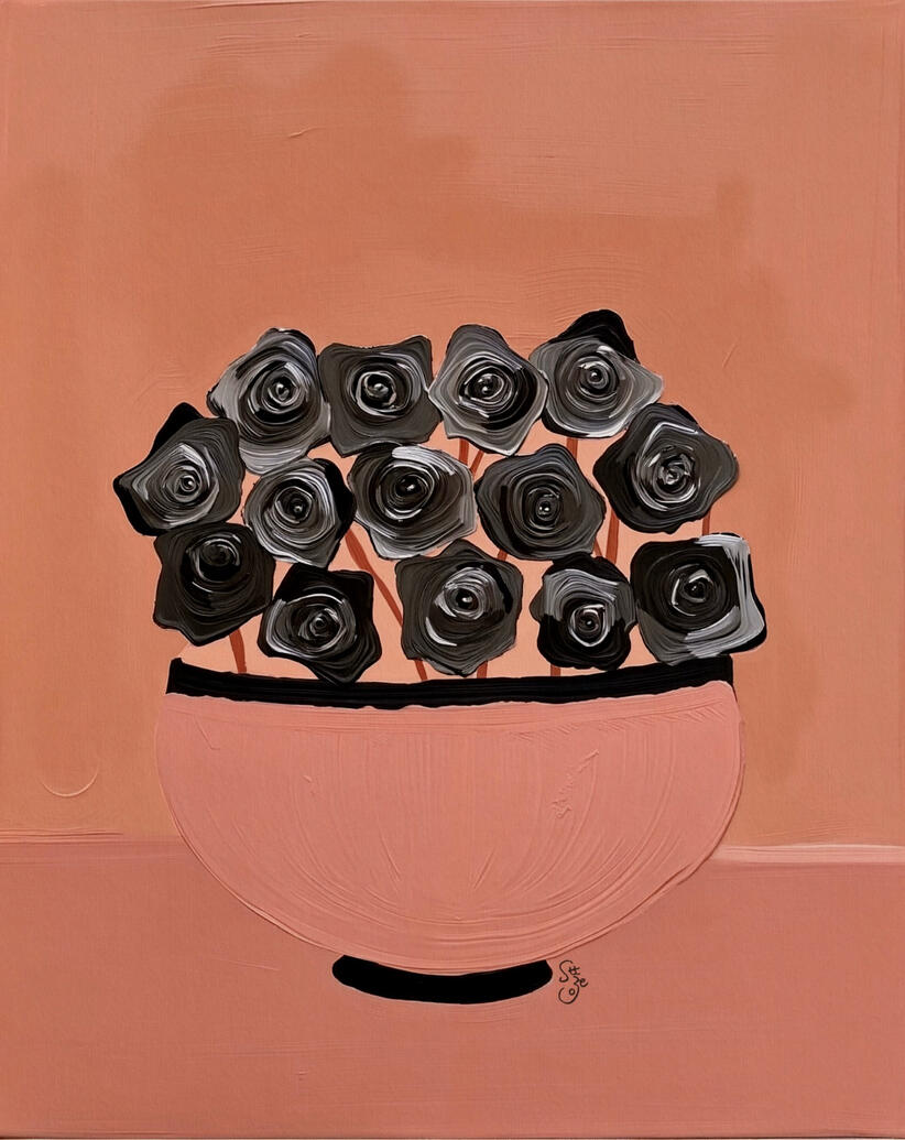 An art poster featuring a dense cluster of black roses painted with thick, expressive brushstrokes. Hover Text “Medusa’s Plot”.