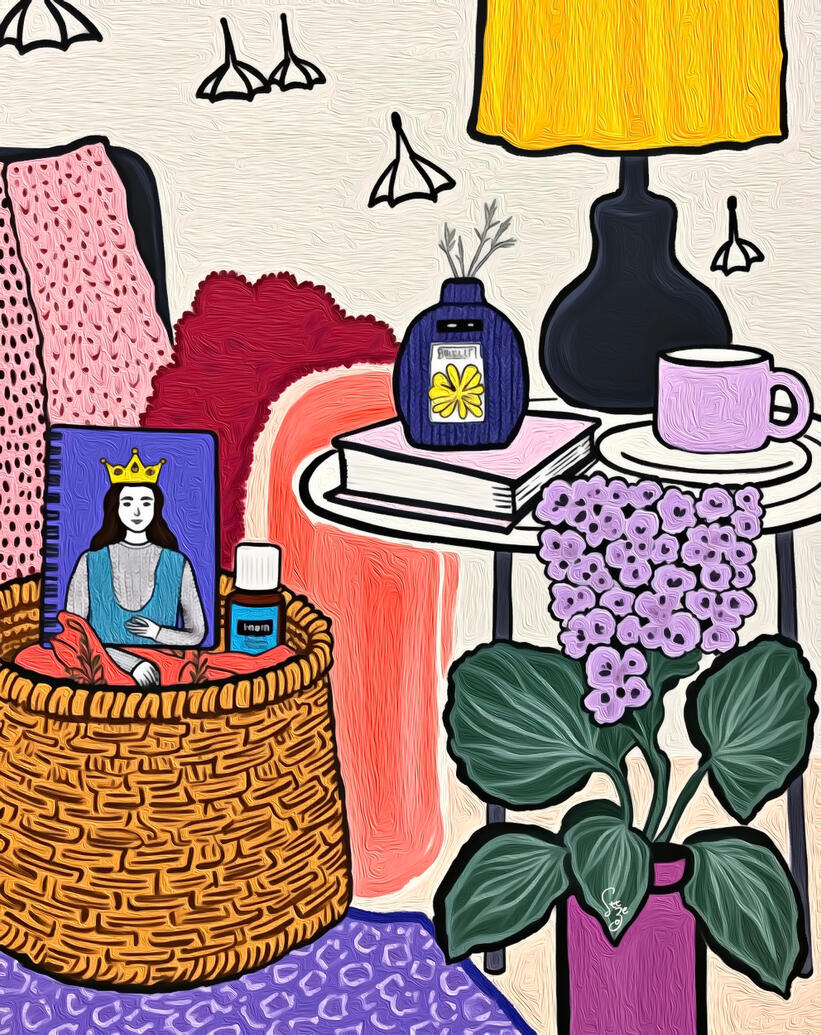 abstract painting of a quiet room where there is A basket containing a notebook with a crown girl illustration, surrounded by purple hydrangeas and essential oils.