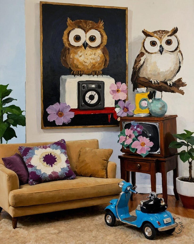Canvas painting featuring Living room with a couch, toy car, and decorative items including an owl painting and sculpture.