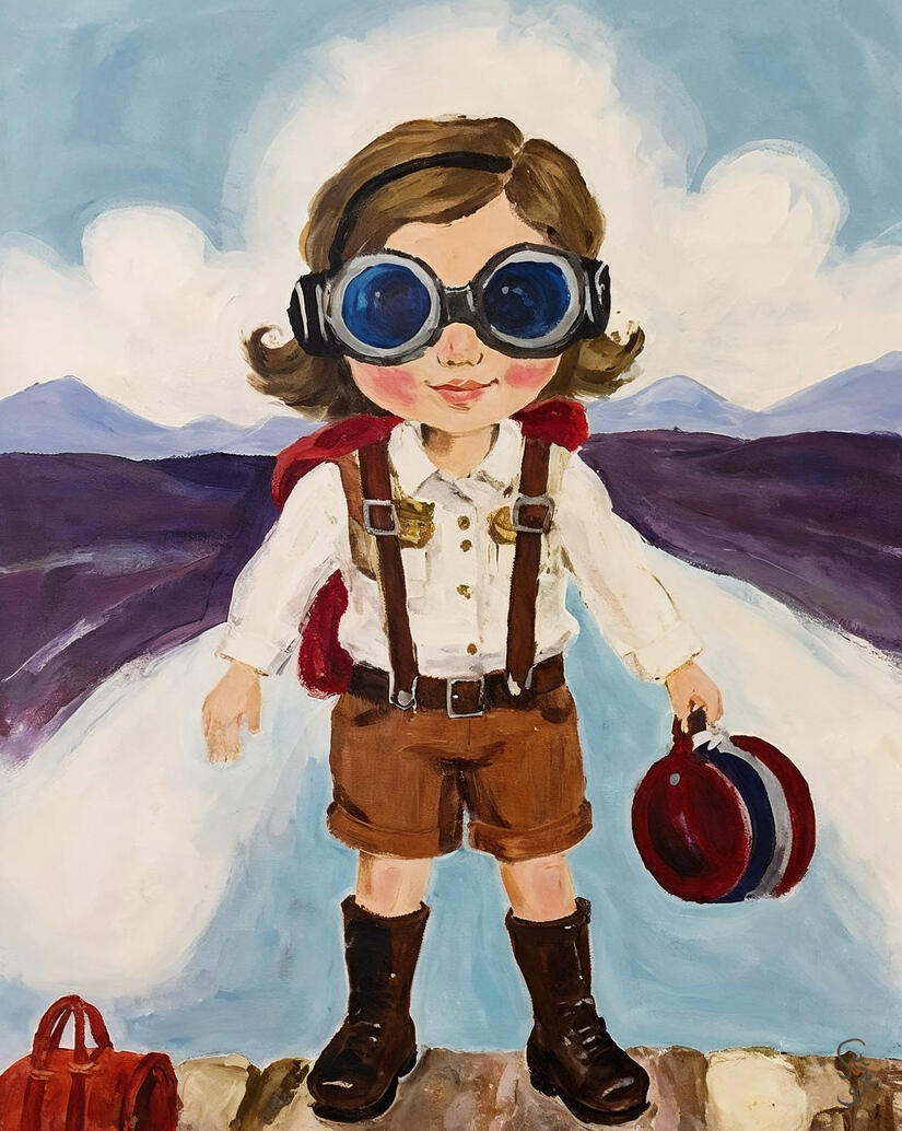Illustration of a child with goggles and a suitcase against a mountainous landscape, with 'Fly with Me' by Szeto text. A vibrant oil painting of a young girl dressed as a vintage aviator, wearing large blue goggles and a flight suit. The background feature