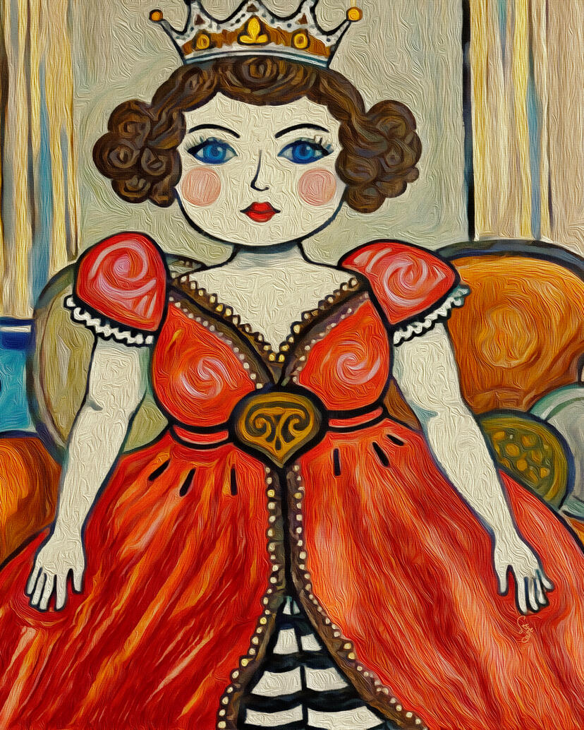 Illustration of a queen in a red dress with a crown, sitting on a throne looking a bit lost.