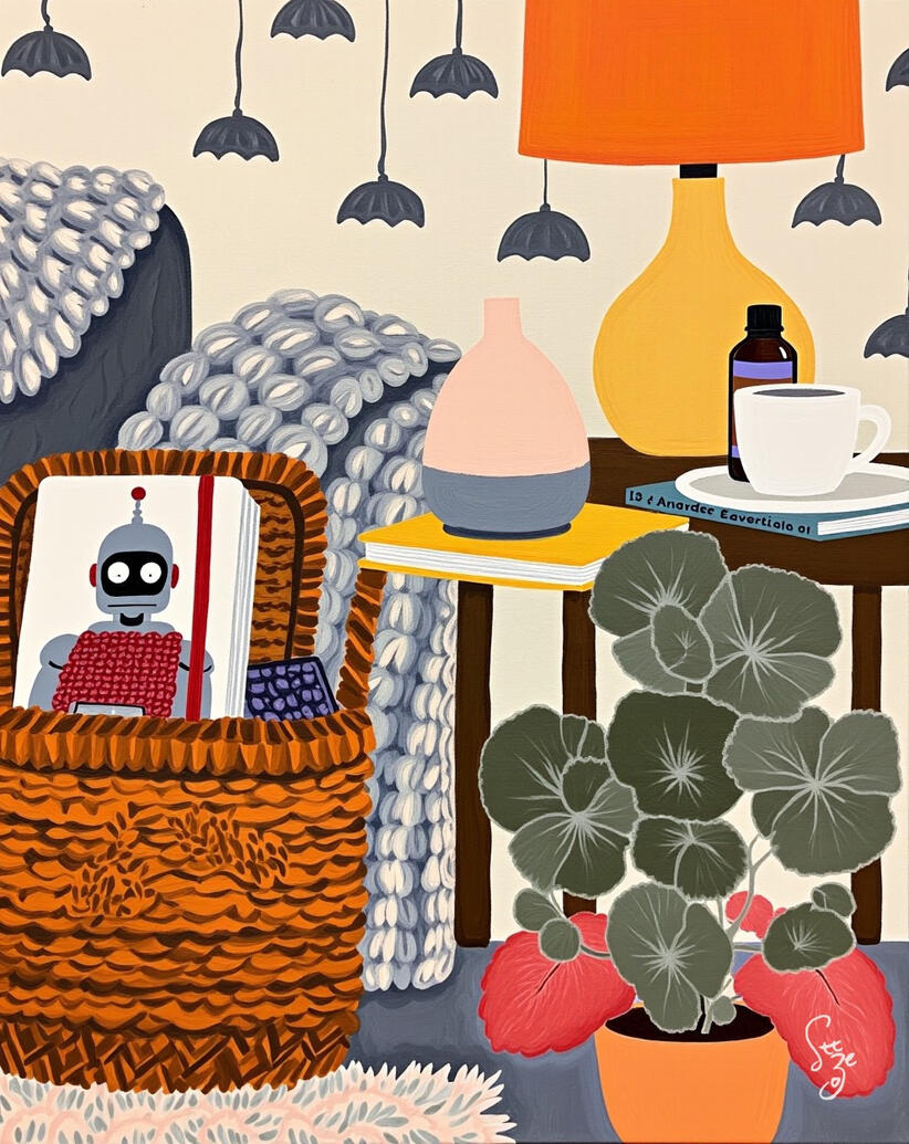 Illustration of a cozy room with a notebook with puzzled robot cover, a basket, a diffuser, books, a lamp,councg with knitted throw and plants.