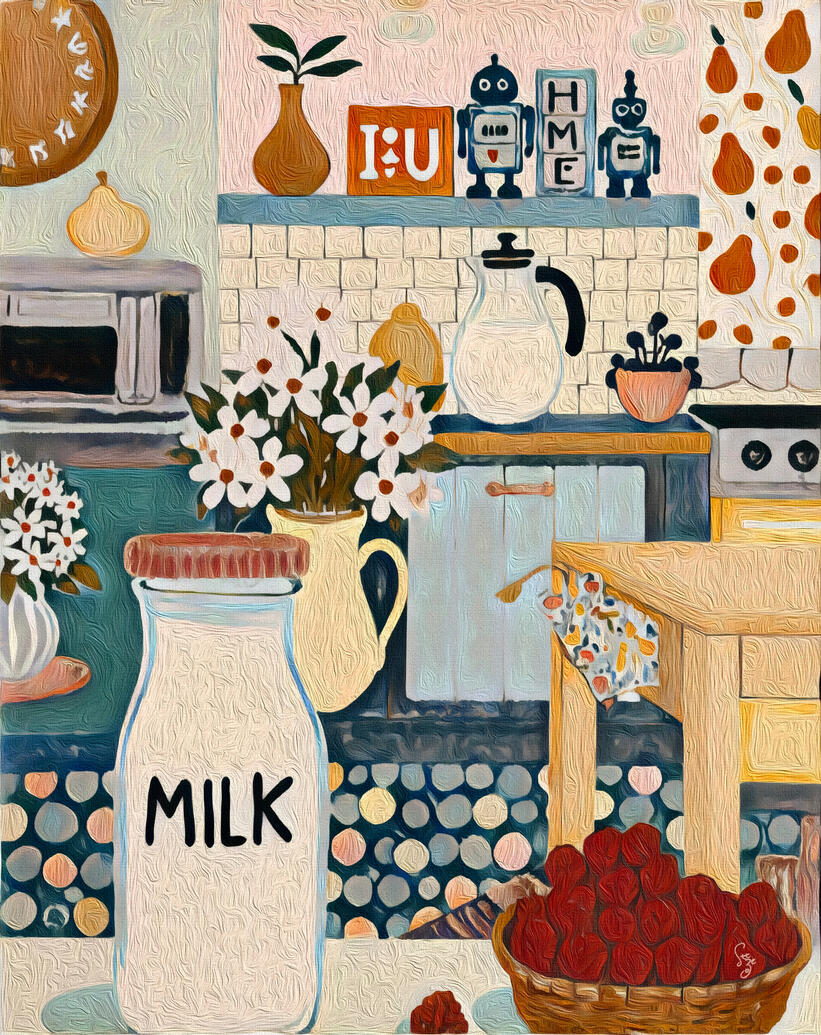 Illustration of a nostalgic and calming kitchen scene with a 'Milk' container and 'Pastel' Home Brekkie branding.