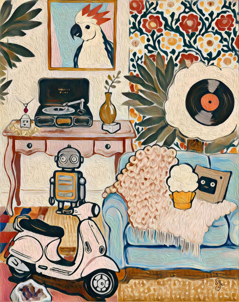Illustrated poster of a vintage room with a parrot portrait on the wall, record player, robot, scooter, and other items. The title ‘Moluccan’s room’ is displayed.