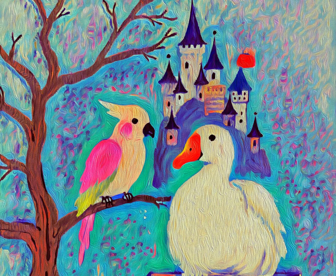 an illustration of a pink parrot and white duck together before a vivid castle scene. Hover text “Collect the vibe on Spotify”.