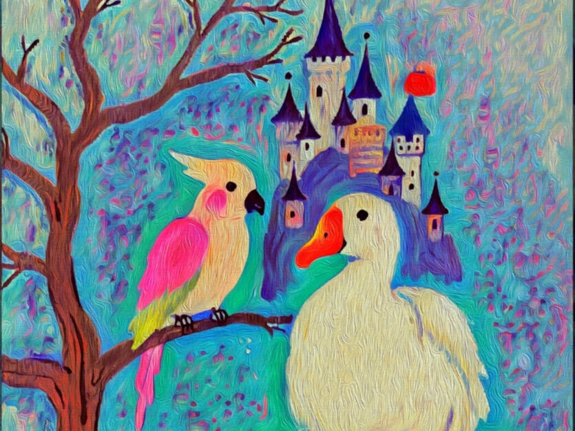 an illustration of a pink parrot and white duck together before a vivid castle scene. Hover text “Collect the vibe on Spotify”.