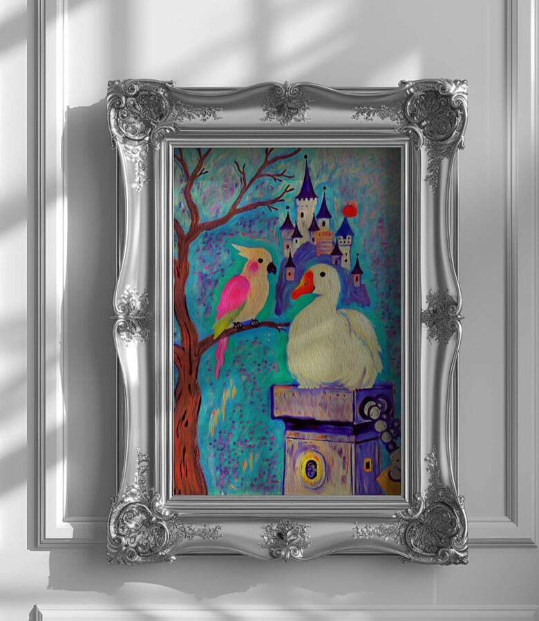 An ornate silver picture frame displayed on a wall, containing an illustration of a pink parrot and white duck together before a vivid castle scene. Hover Text Reads. “Visit Goodmoodprints to take it home"