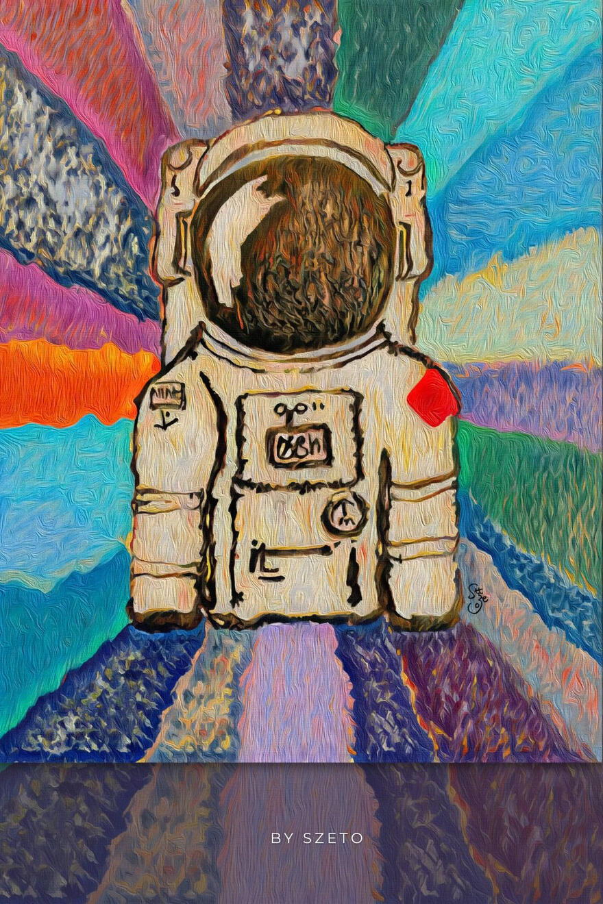An expressive painting of an astronaut centered against a vivid, multicolored radial background with brushstroke textures. The astronaut is rendered in cream, beige, and brown tones with small red and black details. Text’ by szeto’ at the bottom.