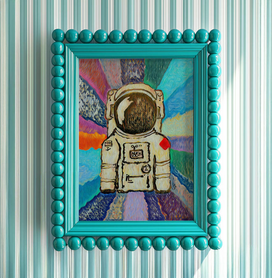 An expressive painting of an astronaut centered against a vivid, multicolored radial background with brushstroke textures. The astronaut is rendered in cream, beige, and brown tones with small red and black details. The artwork is framed in bright sky blue