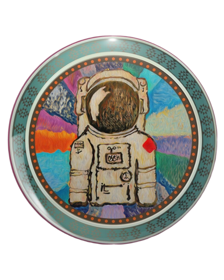 round pinback button featuring An expressive painting of an astronaut centered against a vivid, multicolored radial background with brushstroke textures.