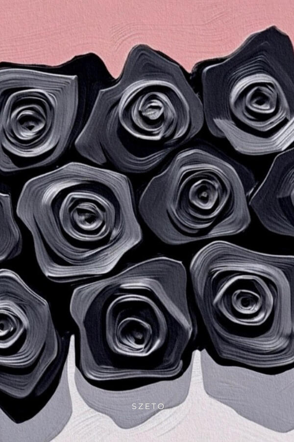 details view of a painting of a metallic tactile black roses bouquet. Hover text “Collect the vibe on Spotify”.