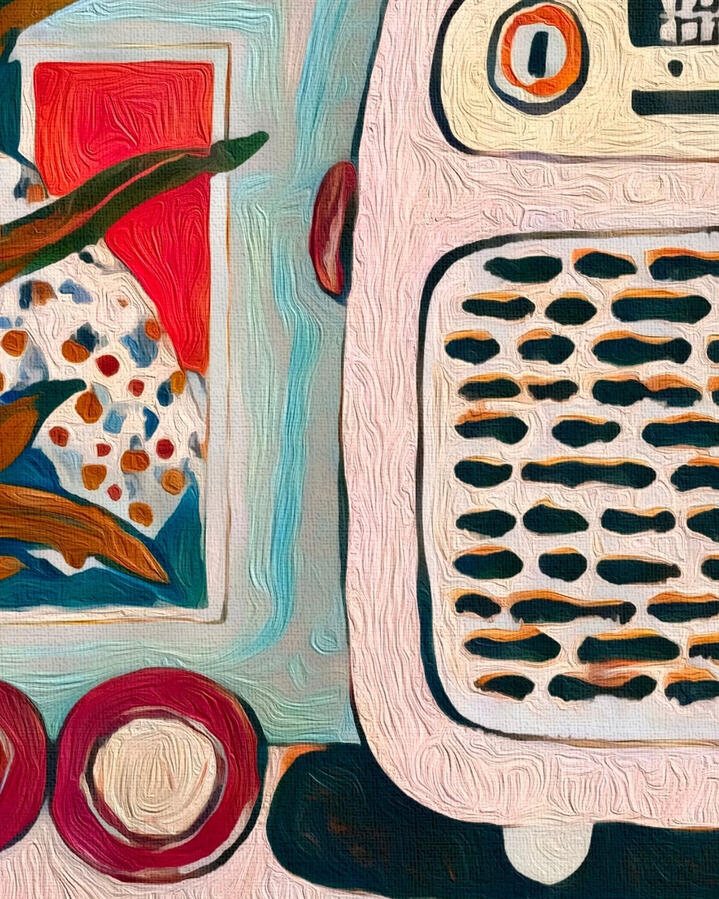 details view of a tactile illustration of a blush pink retro radio. Hover text “Collect the vibe on Spotify”.