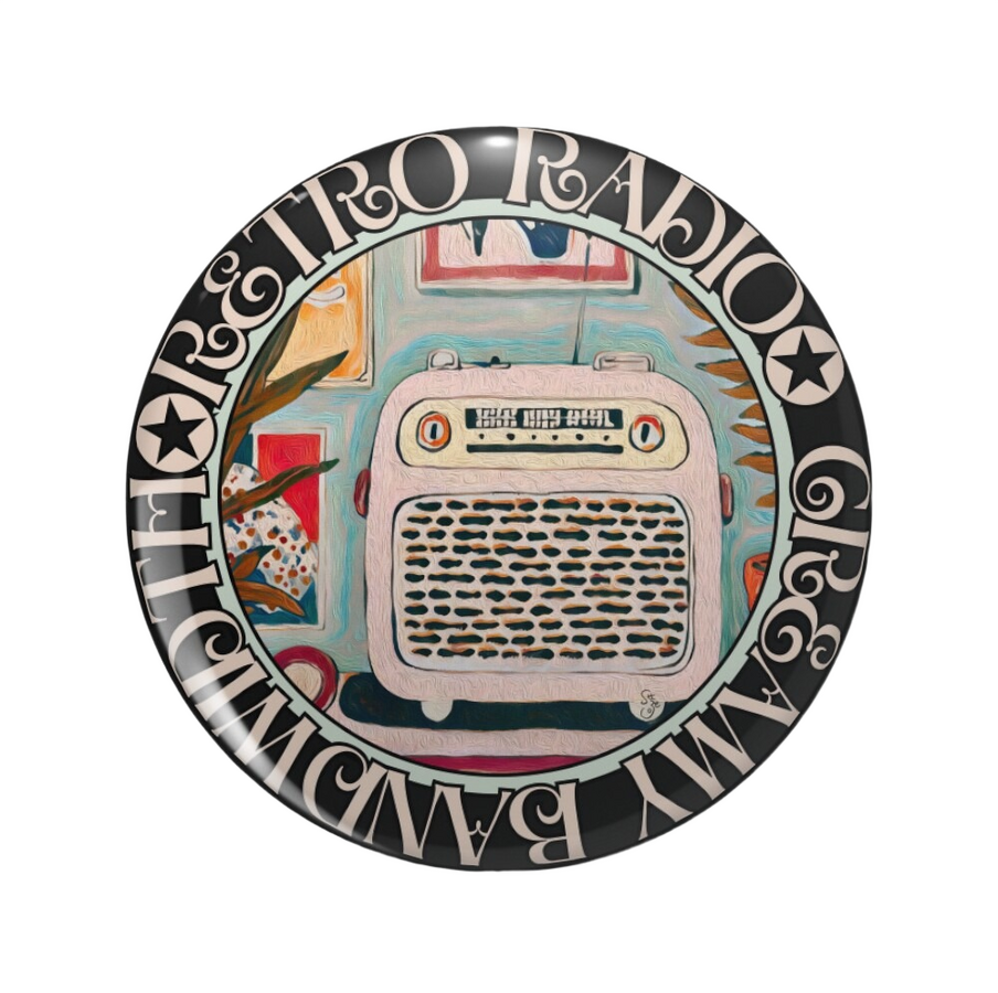 An ornate round pink back button close up, containing an illustration of a pink parrot and white duck together before a vivid castle scene. Hover Text reads “Visit Redbubble to collect the Pin Button"