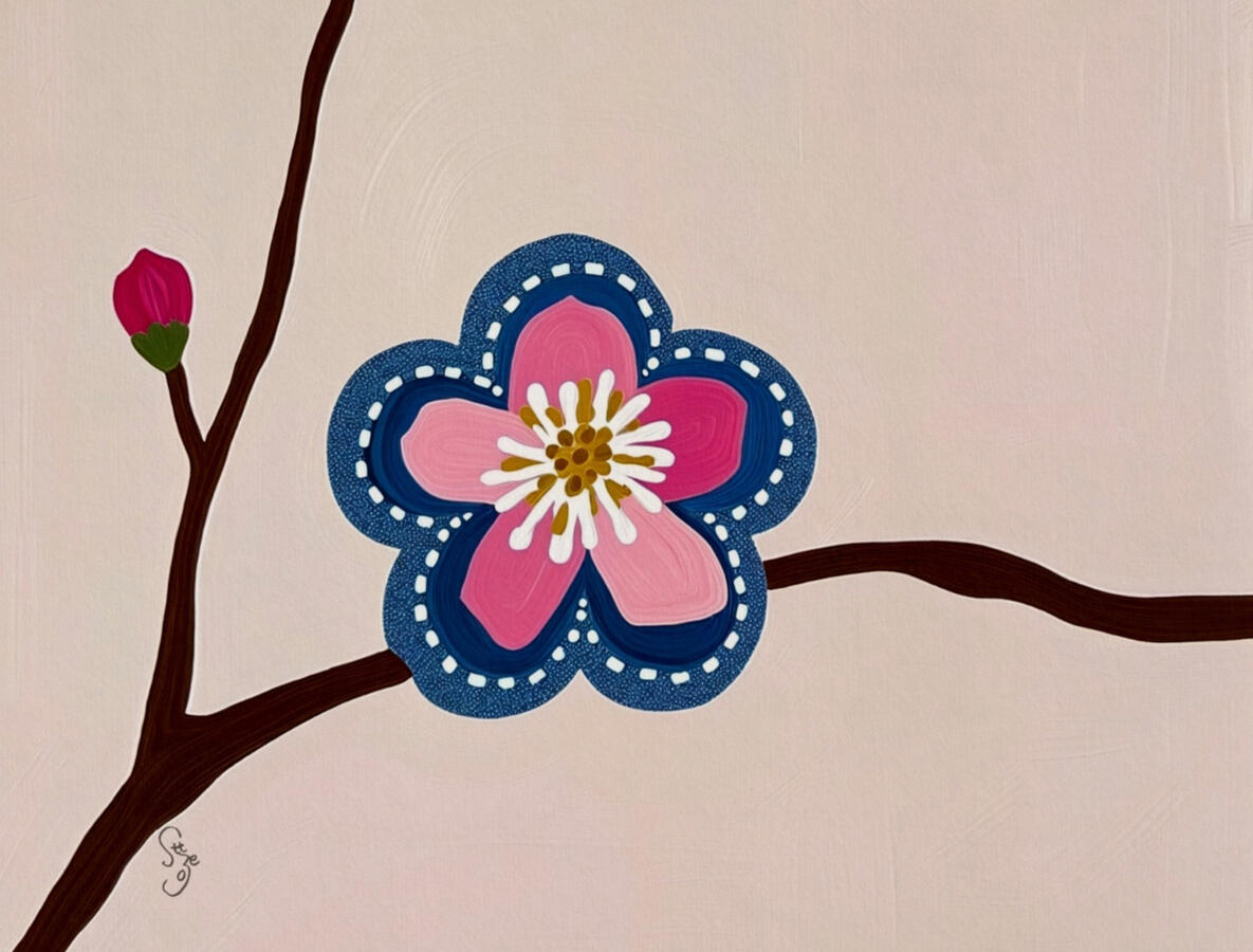 details view of a minimalistic oriental pink blossom with stitched denim edges. Hover text “Collect the vibe on Spotify”.