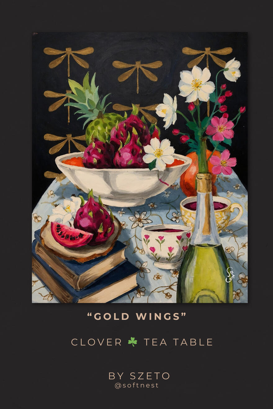 A vintage-style illustrated card titled “Gold Wings,” showing a A dark, moody still life painting of a tea table with white flowers in a green bottle, dragonfruit in a white bowl, and old books, set against a golden dragonfly patterned deep black wallpaper