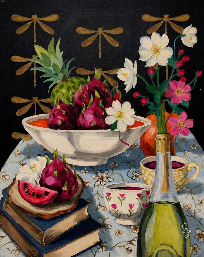 details view of a A dark, moody still life painting of a tea table with white flowers in a green bottle, dragonfruit in a white bowl, and old books, set against a golden dragonfly patterned deep black wallpaper. Hover text “Collect the vibe on Spotify”.