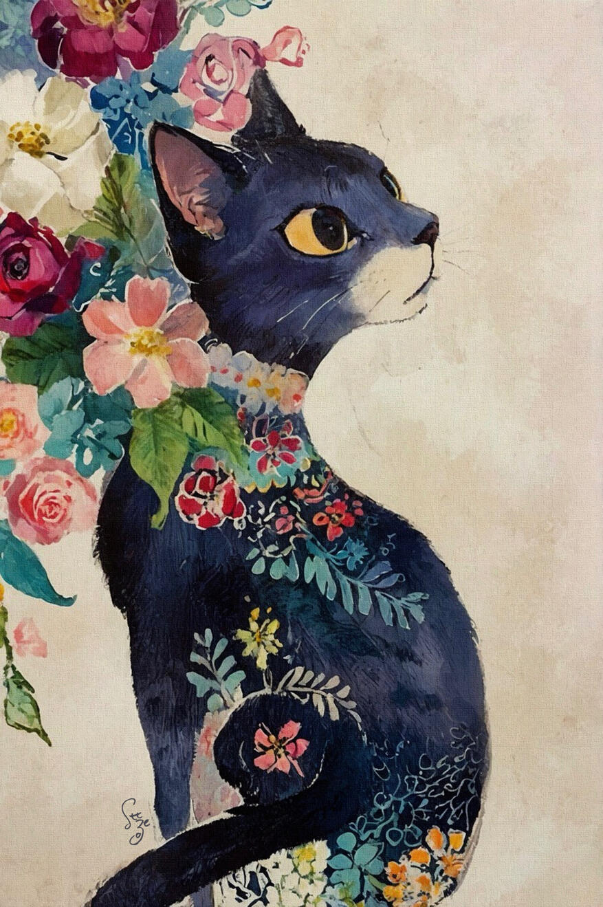 A floral black cat painting with large golden eyes, surrounded by pink, blue, and cream flowers on a soft neutral background.