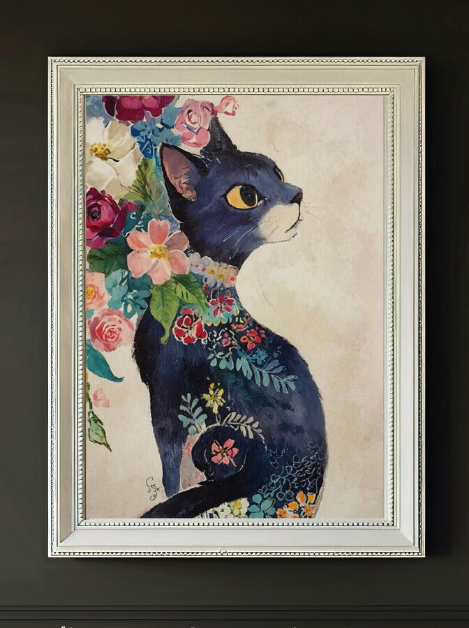 A matt silver vintage picture frame on olive wall, containing an illustration of A floral black cat painting with large golden eyes, surrounded by pink, blue, and cream flowers on a soft neutral background.