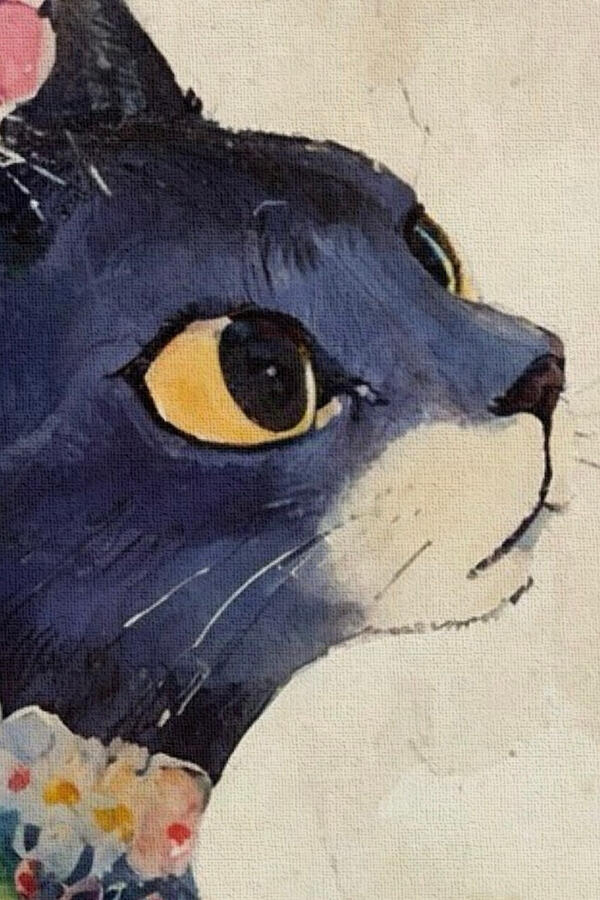 details view of a a floral black cat painting with large golden eyes, surrounded by pink, blue, and cream flowers on a soft neutral background. Hover text “Collect the vibe on Spotify”.