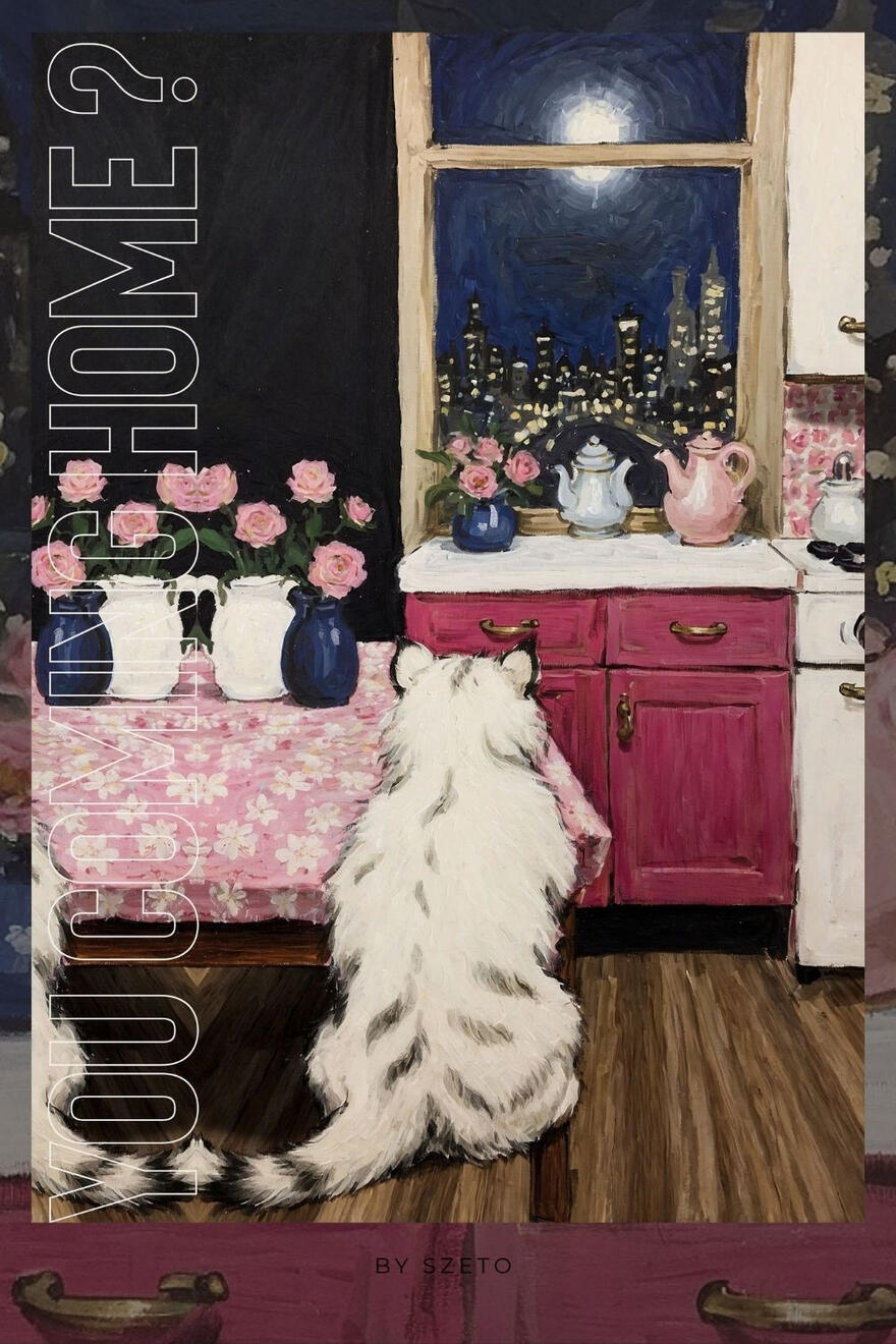 A moonlit kitchen scene with a fluffy white cat waiting quietly by the window, surrounded by pink roses, teapots, and the soft glow of the city at night. This piece holds a gentle feeling of longing, home, and the hope of someone returning.