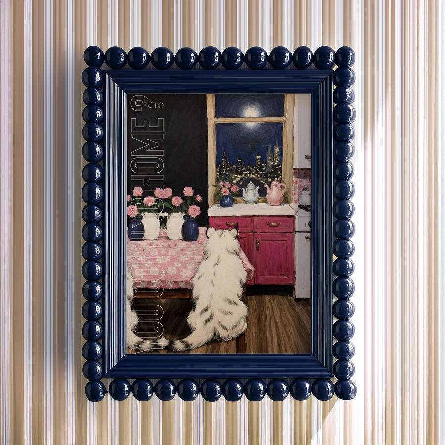 A poster-style tactile painting of a fluffy white dog in a pink kitchen, facing a moonlit window with flowers and teapots nearby. Hover text reads ‘Visit Goodmoodprints to take it home’.