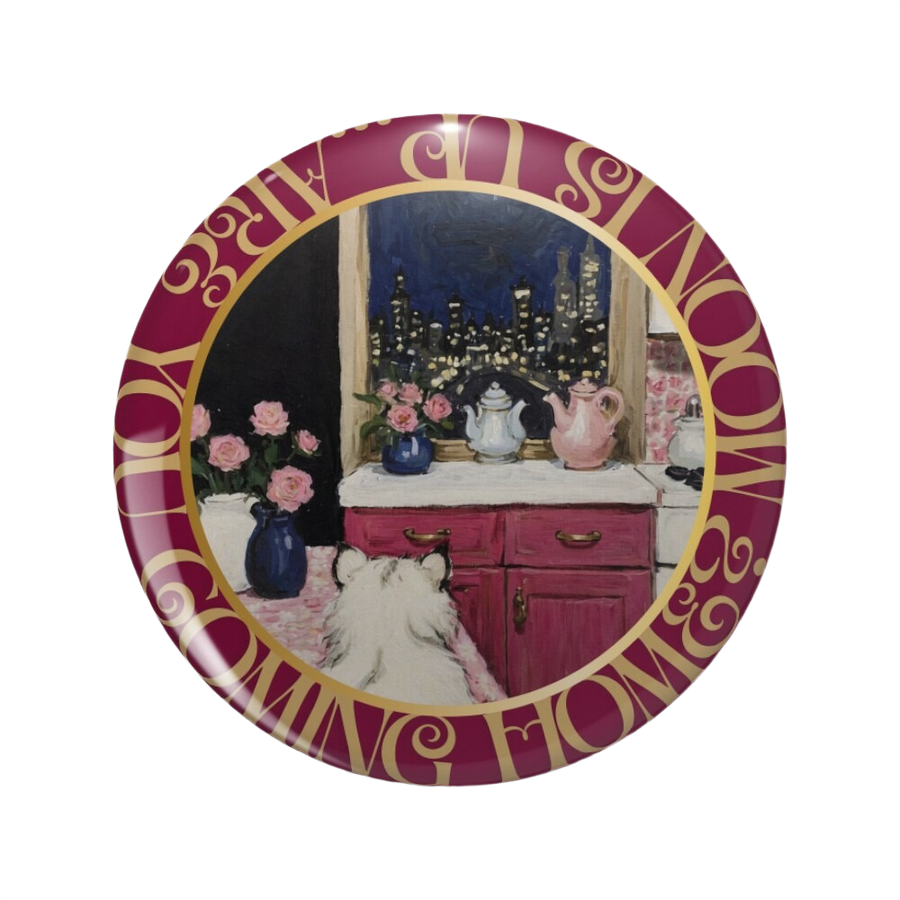 An ornate round pinback button close up, containing an illustration of A tactile painting of a fluffy white dog in a pink kitchen, facing a moonlit window with flowers and teapots nearby.