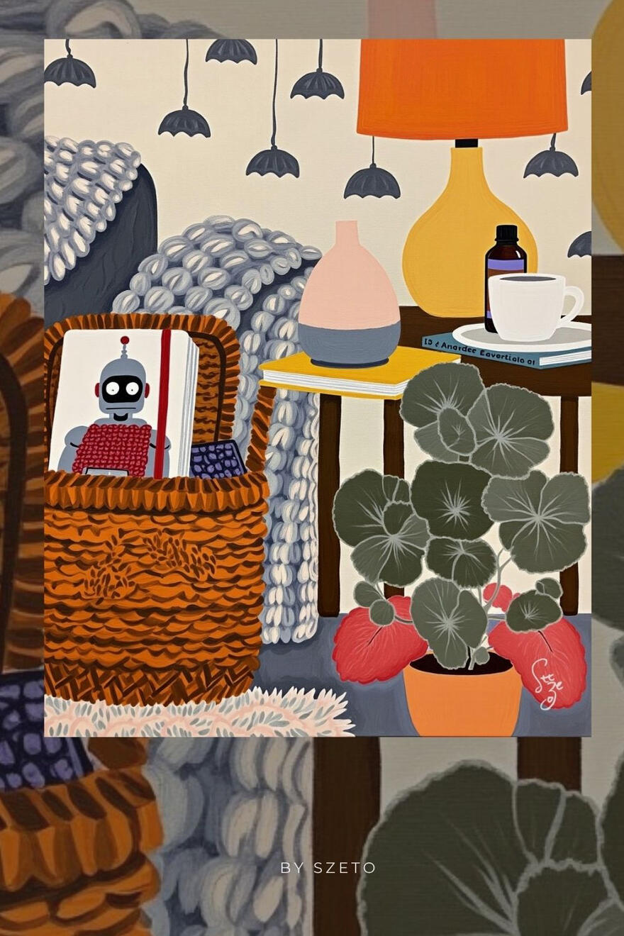 Illustration of a cozy room with a notebook with puzzled robot cover, a basket, a diffuser, books, a lamp,councg with knitted throw and plants. Text ‘by szeto’ at the bottom.