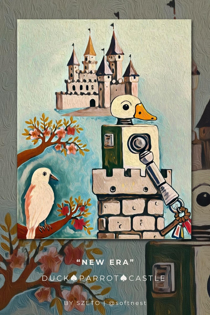 A vintage-style illustrated card titled “Winter,” showing a duck-like robot and a pink parrot before a medieval castle. These ‘by szeto @softnest' at the bottom.