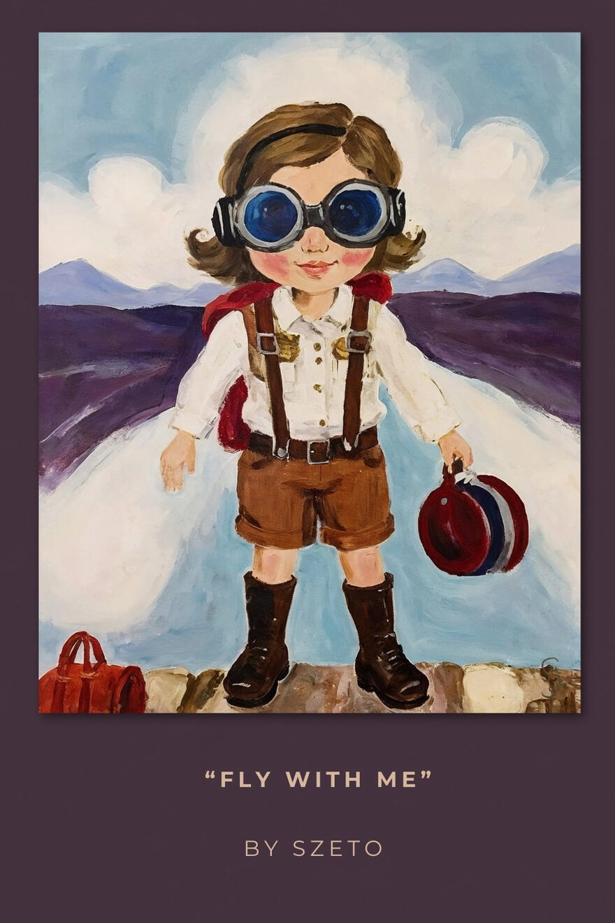 self-image aviation girl character illustration, wearing goggles with blue and purple mountains in the background. Text “flu with me” and ‘"by szeto" at the bottom.