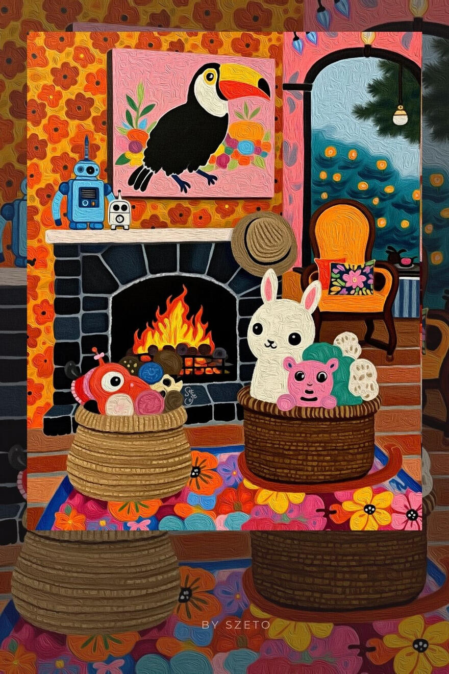 Colourful illustrated interior with a glowing fireplace, a basket filled with small robot-like characters, a yellow one-eyed creature seated beside the fire, framed robot art and a blue wall covered in stars. Text ‘by szeto' at the bottom.