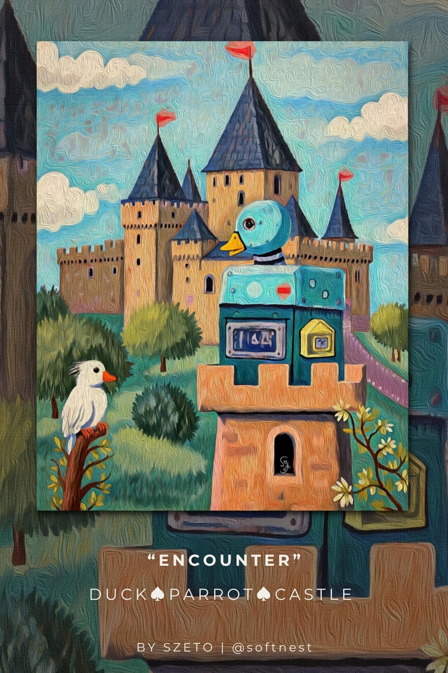 A vintage-style illustrated card titled “Encounter” showing a blue duck-like robot and a white parrot before a medieval castle. These ‘by szeto @softnest' at the bottom.