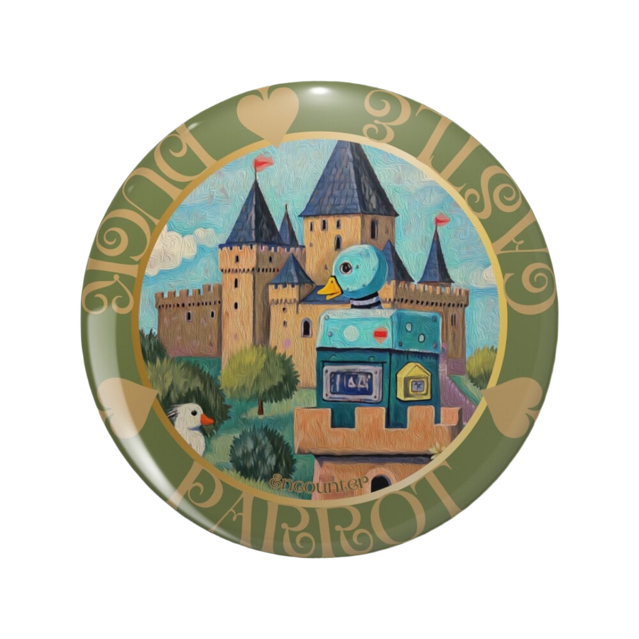An ornate round pinback button close up, containing an illustration of A vintage-style illustrated card titled “Winter,” showing a duck-like robot and a pink parrot before a medieval castle.
