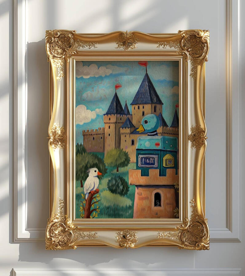 A bright gold vintage picture frame on white wall, containing an illustration of A vintage-style illustrated card titled “New Era,” showing a duck-like robot and a pink parrot before a medieval castle. The duck is holding a set of keys in his hand.