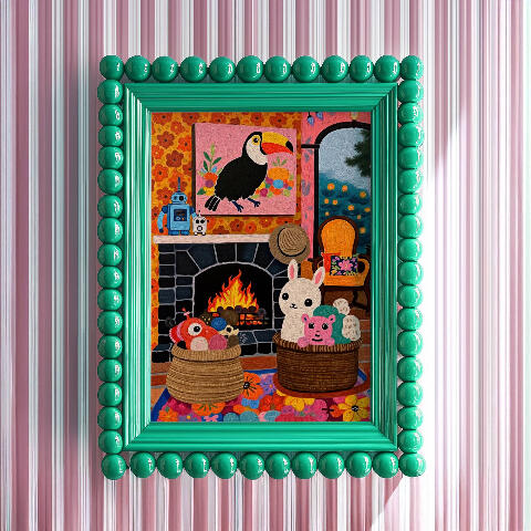 Amber Cabin artwork displayed inside a glossy turquoise-green beaded frame against a dark navy wall, showing a colourful fireside room filled with whimsical toys, baskets, robots and a rocking rabbit.