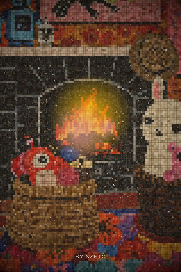 Macro shot of a mosaic wall featuring Amber Cabin by szeto with glowing fireplace and toy firiends.