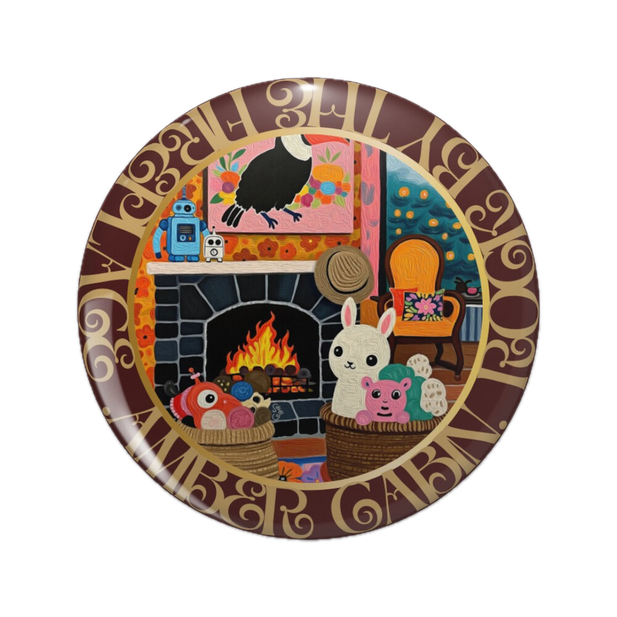 Art collector’s pinback button featuring the Amber Cabin artwork showing a colourful fireside room filled with whimsical toys, baskets, robots and a rocking rabbit., with ornate gold lettering on a dark border.