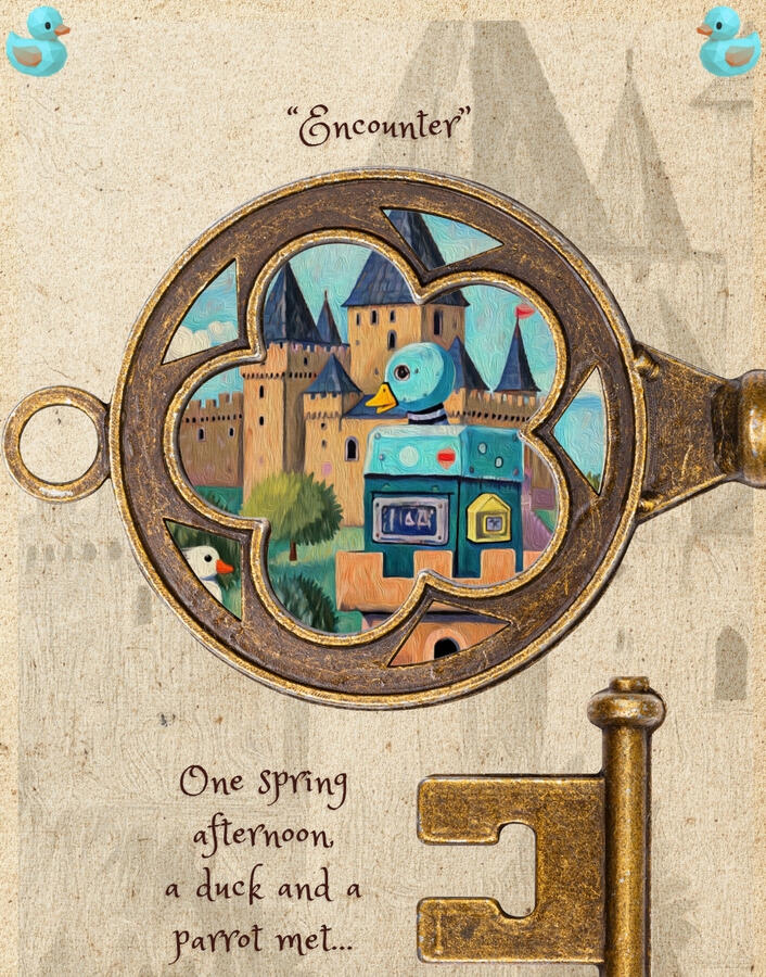 details view of a painting of a duck-like robot and a pink parrot before a medieval castle, embedded into an ornate vintage key. Hover text “Collect the vibe on Spotify”.