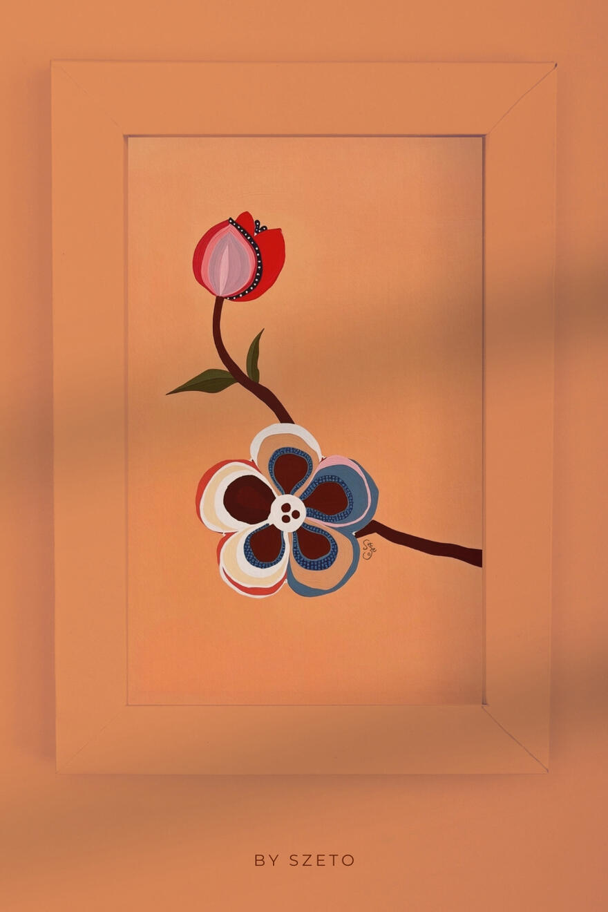 Bold stylised flower with a metallic button-like centre, enclosed by a square border of patterned bottle-cap shapes in red, black, cream and bronze, displayed in a dark brown bubble frame.. The text ‘by szeto' at the bottom.