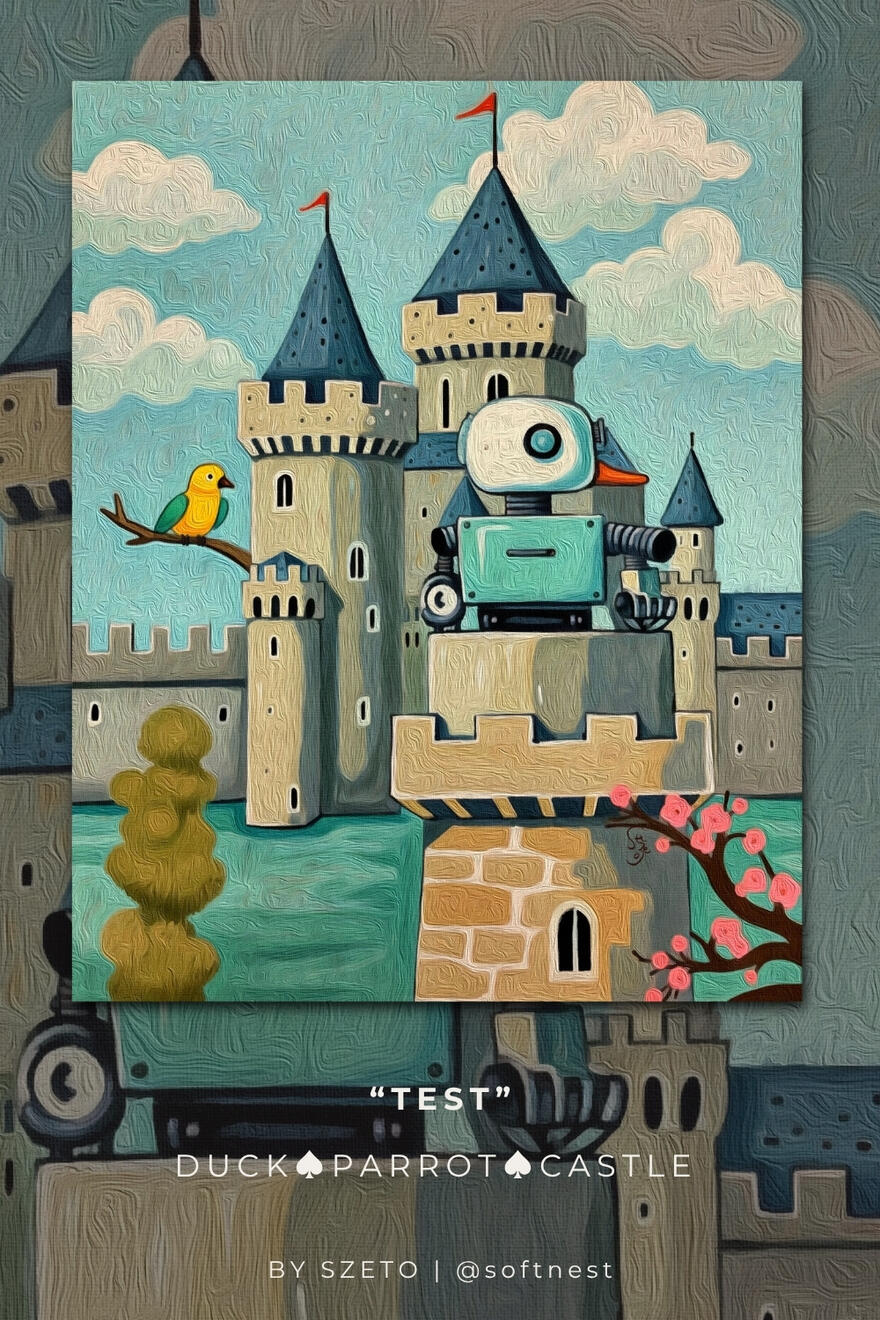 A vintage-style illustrated card titled “Encounter” showing a blue duck-like robot and a white parrot before a medieval castle. These ‘by szeto @softnest' at the bottom.