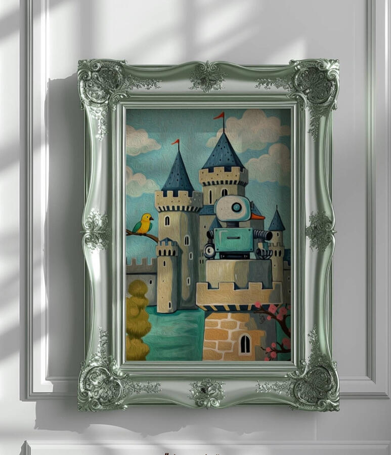 A matt metallic green vintage picture frame on white wall, containing an illustration of A vintage-style illustrated card titled “Test,” showing a duck-like robot and a pink parrot before a medieval castle. The duck is holding a set of keys in his hand.