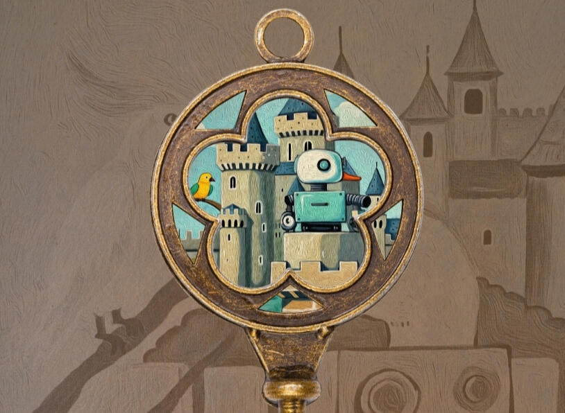 details view of a painting of a duck-like robot and a pink parrot before a medieval castle, embedded into an ornate vintage key. Hover text “Collect the vibe on Spotify”.
