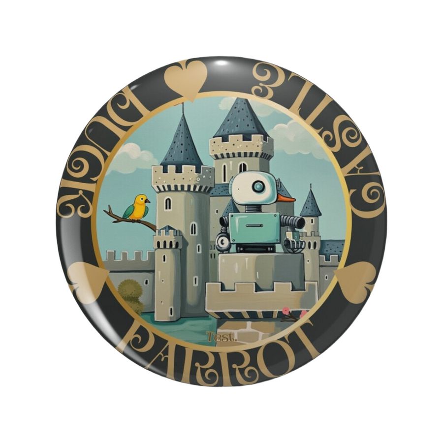 An ornate round pinback button close up, containing an illustration of A vintage-style illustrated card titled “Winter,” showing a duck-like robot and a pink parrot before a medieval castle.