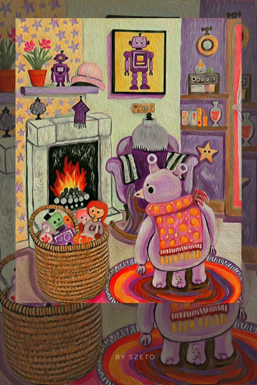 Colourful illustrated room with a glowing fireplace, a lavender creature in an orange patterned sweater standing on a round rug, a basket of small characters, purple robot artwork and shelves filled with curious objects.. The text ‘by szeto' at the bottom.