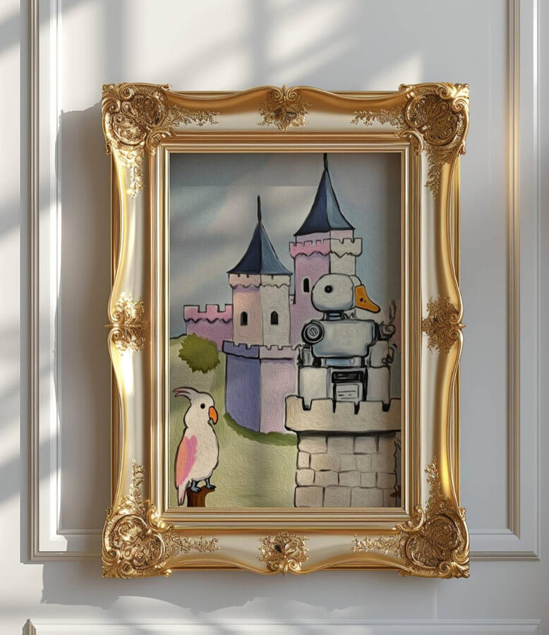 A matt metallic green vintage picture frame on white wall, containing an illustration of A vintage-style illustrated card titled “Shy,” showing a duck-like robot and a pink parrot before a medieval castle. The duck is holding a set of keys in his hand.