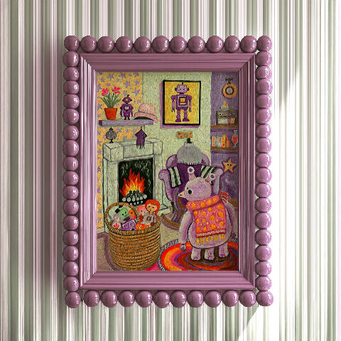 Lavender Oracle artwork displayed in a glossy mauve frame edged with rounded purple beads against softly striped sage, cream and lavender wallpaper.