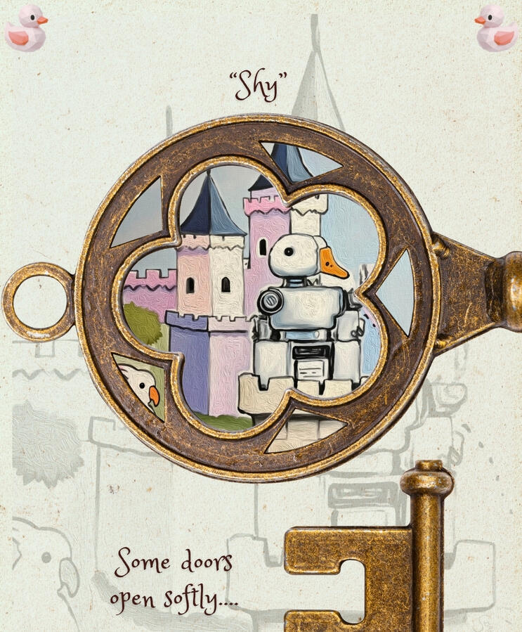 details view of a painting of a duck-like robot and a white parrot before a medieval castle, embedded into an ornate vintage key. Hover text “Collect the vibe on Spotify”.