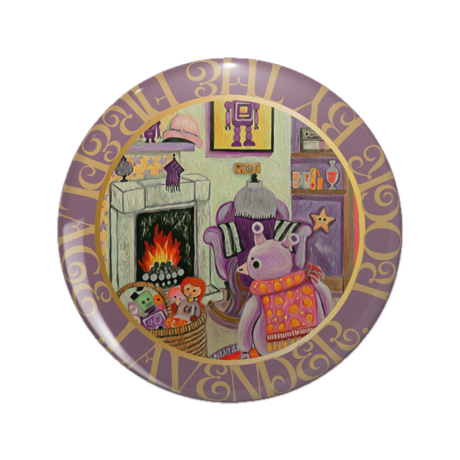 An ornate round pinback button close up, containing an illustration of a room with a glowing fireplace, a lavender creature in an orange patterned sweater standing on a round rug, a basket of small characters, purple robot artwork and shelves filled with c