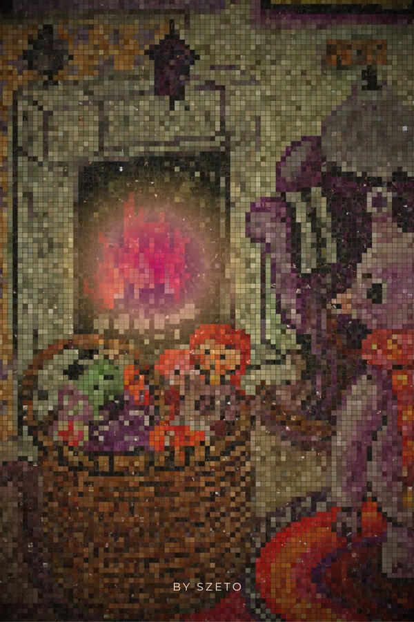 details view of a mosaic styled painting of a purple creature looking at a glowing fireplace.