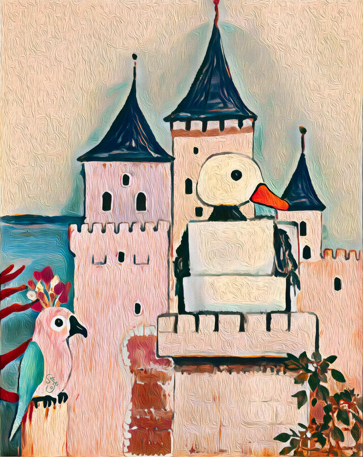 details view of a painting of a duck-like robot and a pink parrot before a medieval castle. Hover text “Collect the vibe on Spotify”.
